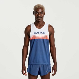 Blue / White Saucony Boston Stopwatch Singlet Men's Tank Top | Malaysia S32850-D87