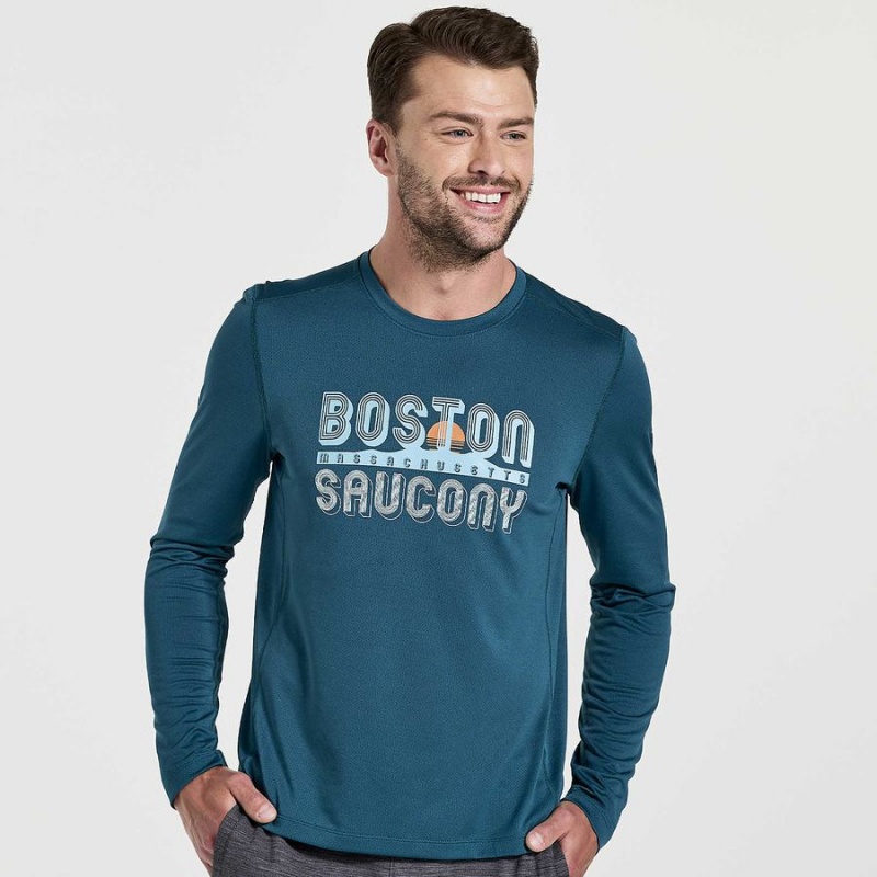 Blue Saucony Stopwatch Graphic Long Sleeve Men\'s T Shirts | Malaysia S41326-R78