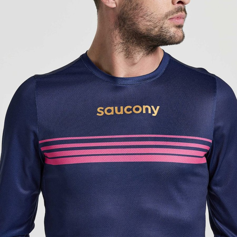 Navy Saucony Elite Long Sleeve Men's T Shirts | Malaysia S67438-U82