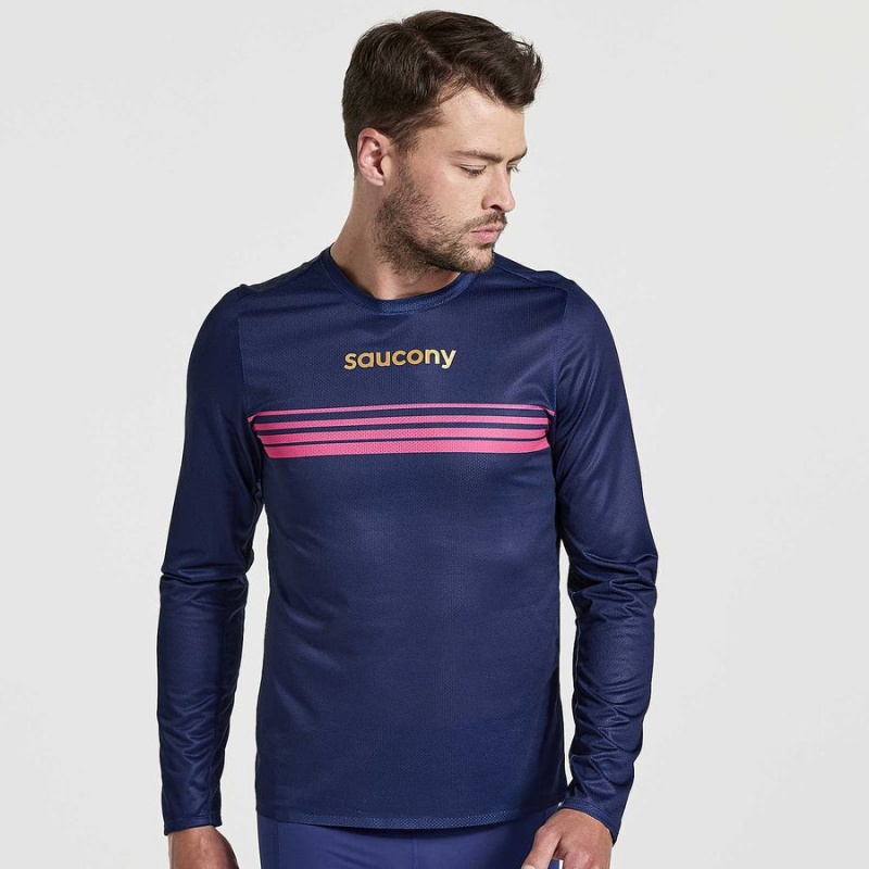 Navy Saucony Elite Long Sleeve Men\'s T Shirts | Malaysia S67438-U82