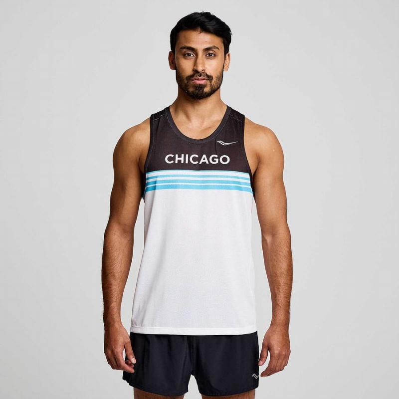 White Saucony Chicago Stopwatch Singlet Men\'s Tank Top | Malaysia S47361-M57