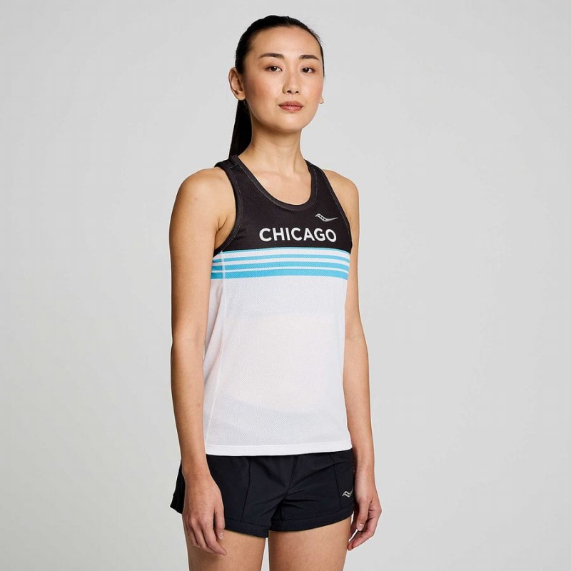 White / Black Saucony Chicago Stopwatch Singlet Women's Tank Top | Malaysia S32971-C96