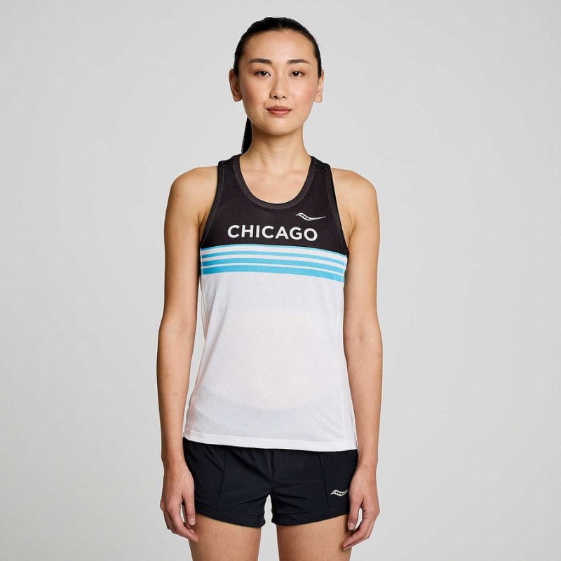 White / Black Saucony Chicago Stopwatch Singlet Women\'s Tank Top | Malaysia S32971-C96