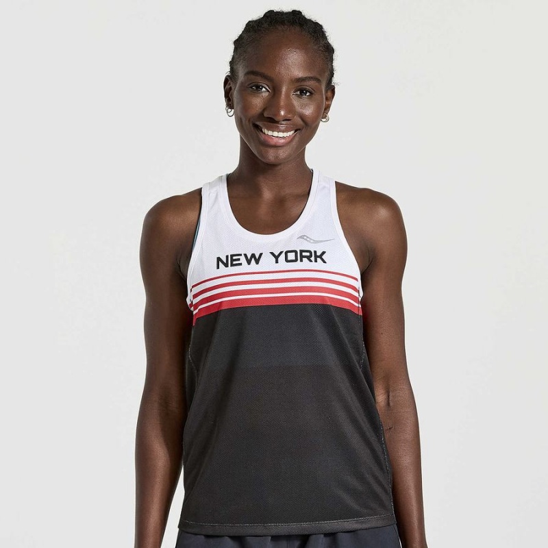 White / Black Saucony NYC Stopwatch Singlet Women\'s Tank Top | Malaysia S23491-L48